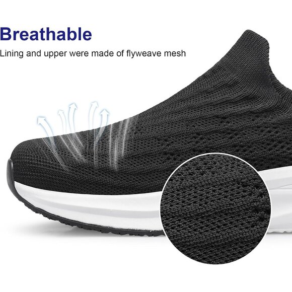 Women Black-White Slip On Walking Flat Lightweight Breathable Casual Sneakers - Picture 3 of 7